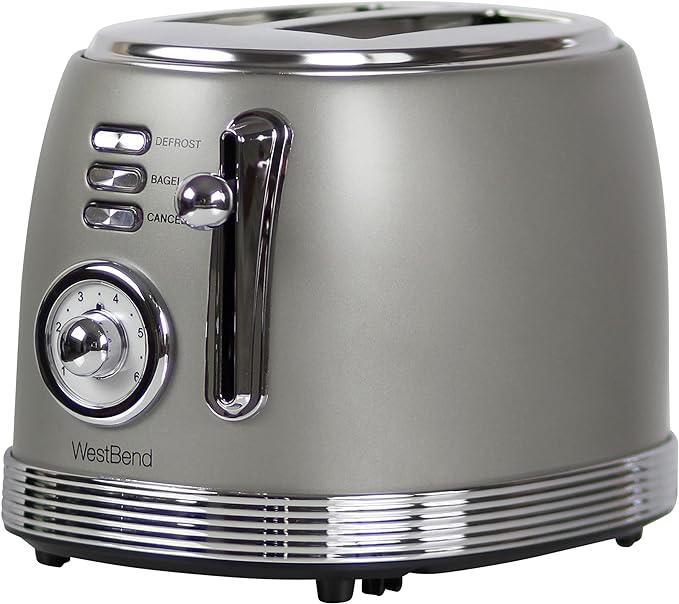 West Bend Toaster 2 Slice Retro-Styled Stainless Steel with 4 Functions and 6 Shade Settings, 850-Watts, Gray